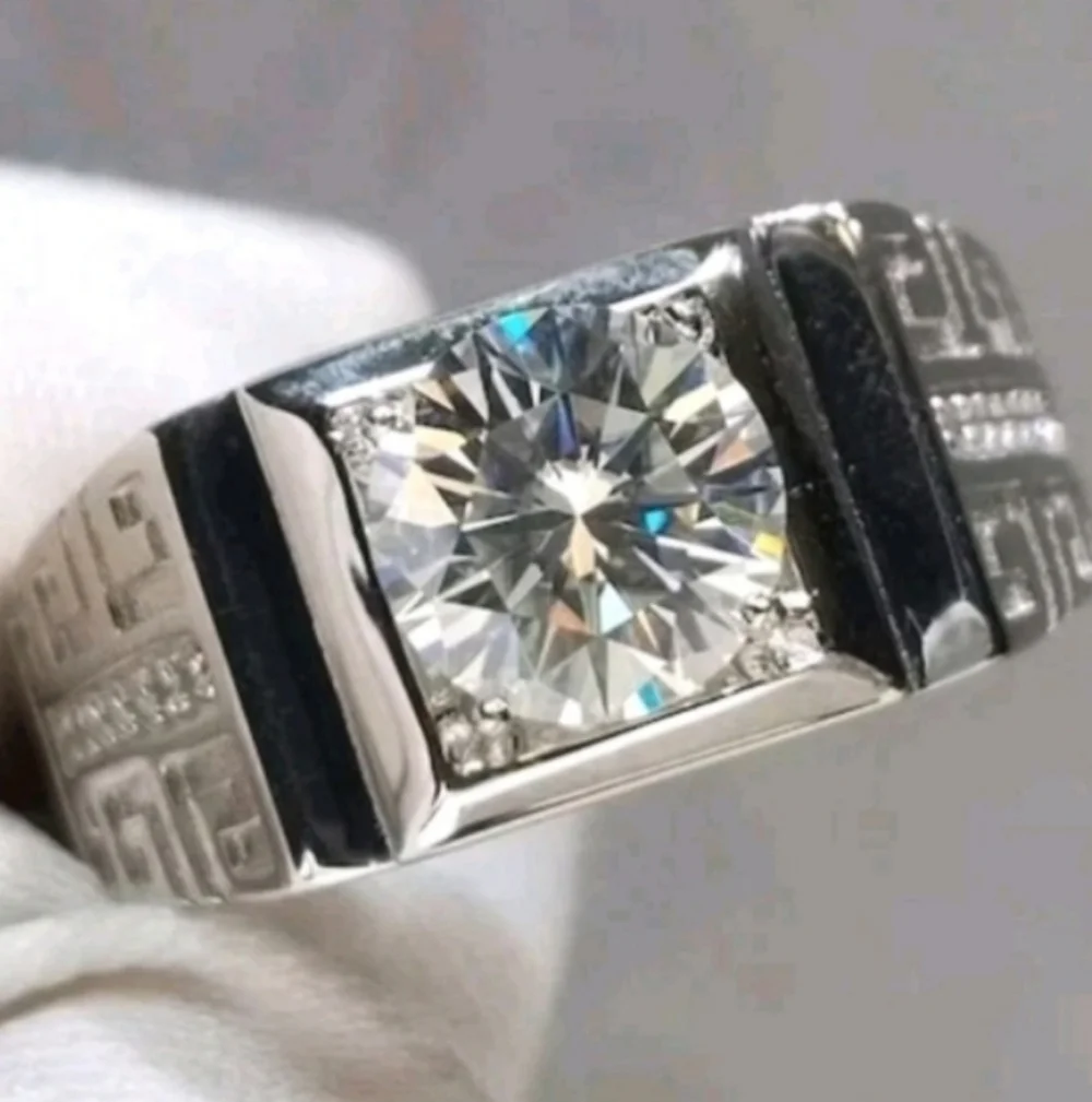 Moissanite Patterned Sterling silver Mens Engagement Ring Adjustable Band